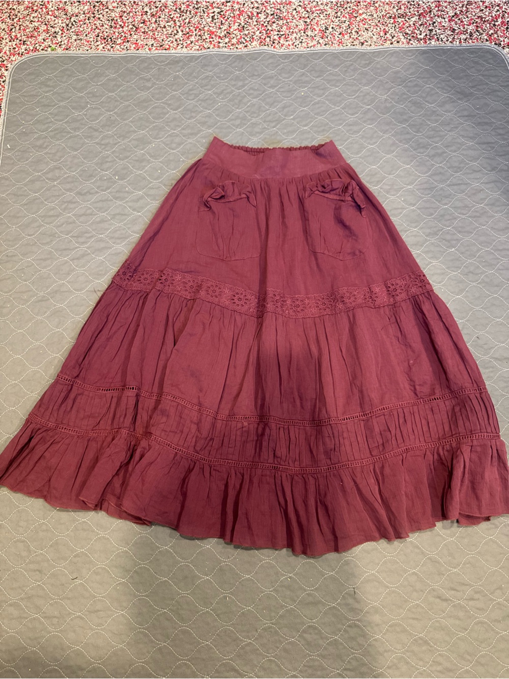 Girls Joyfolie Burgundy Tiered Skirt with Lace Insets